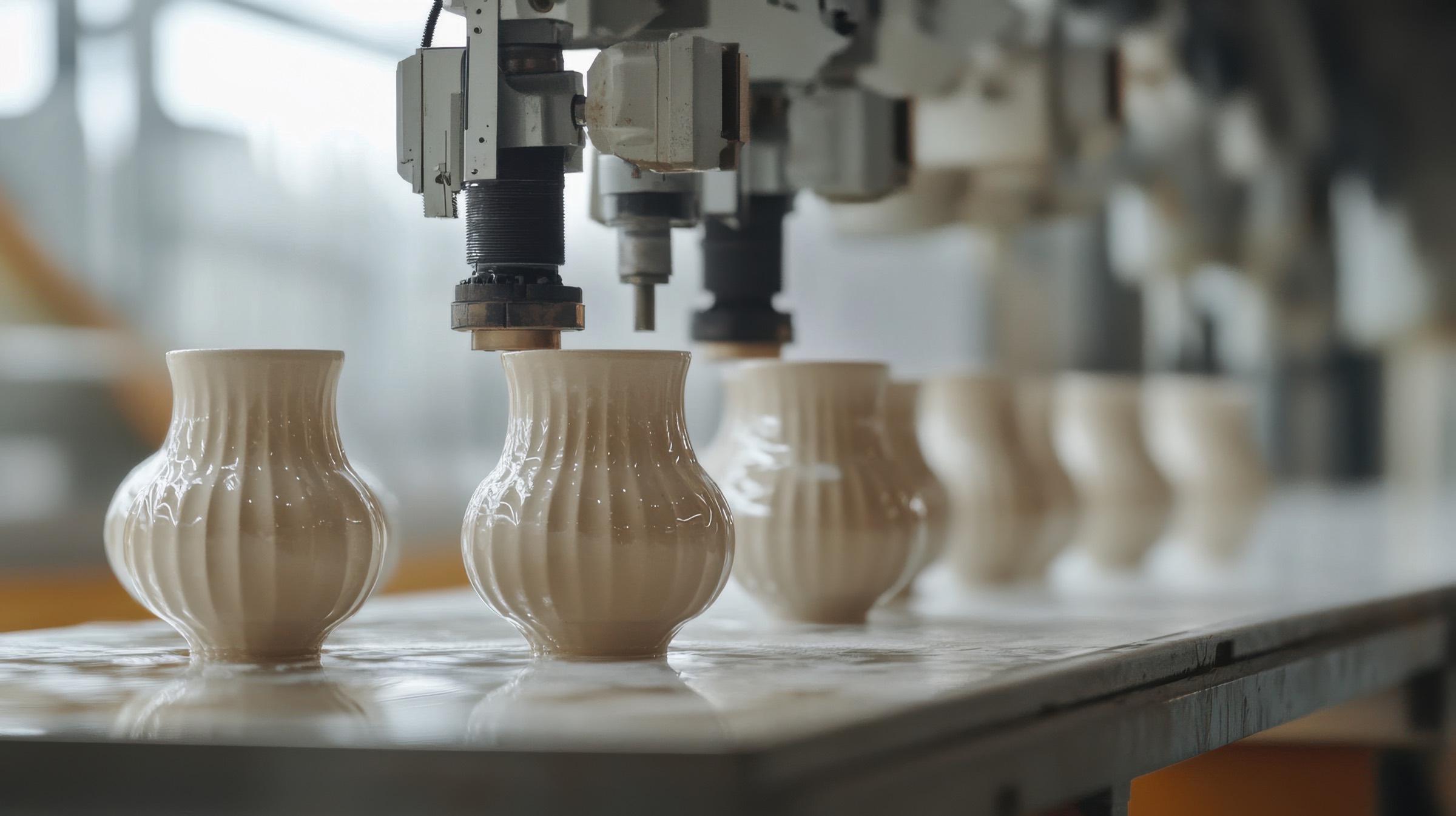 Piezas de porcelana en una línea de producción automatizada