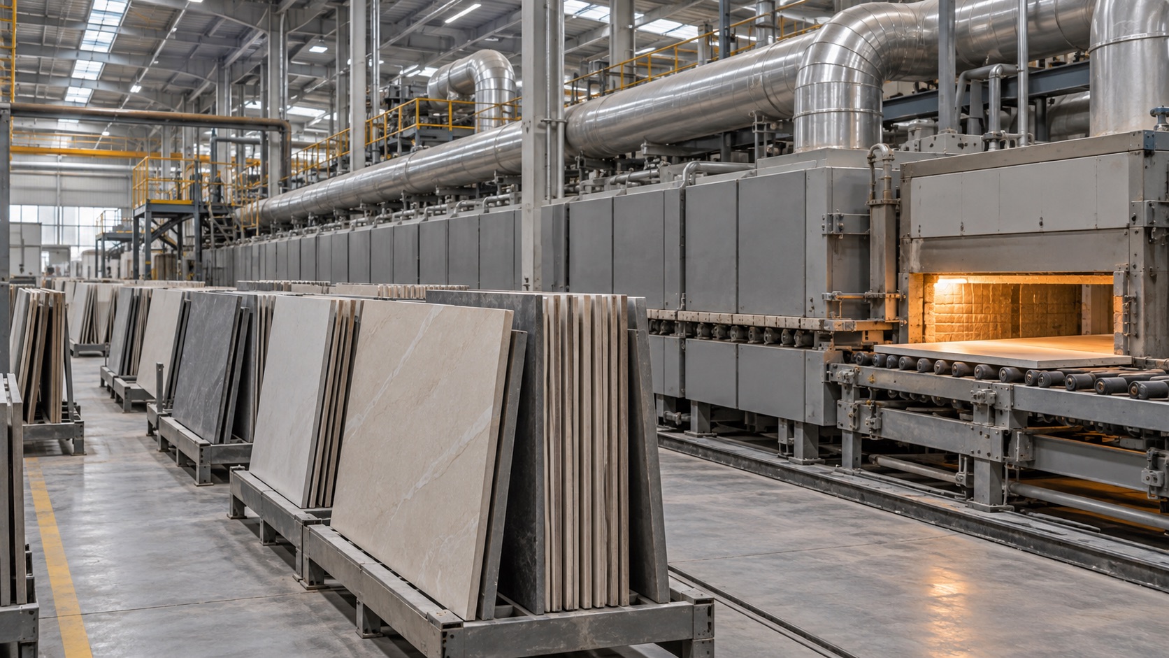 Línea de producción de baldosas porcelánicas junto a un horno industrial