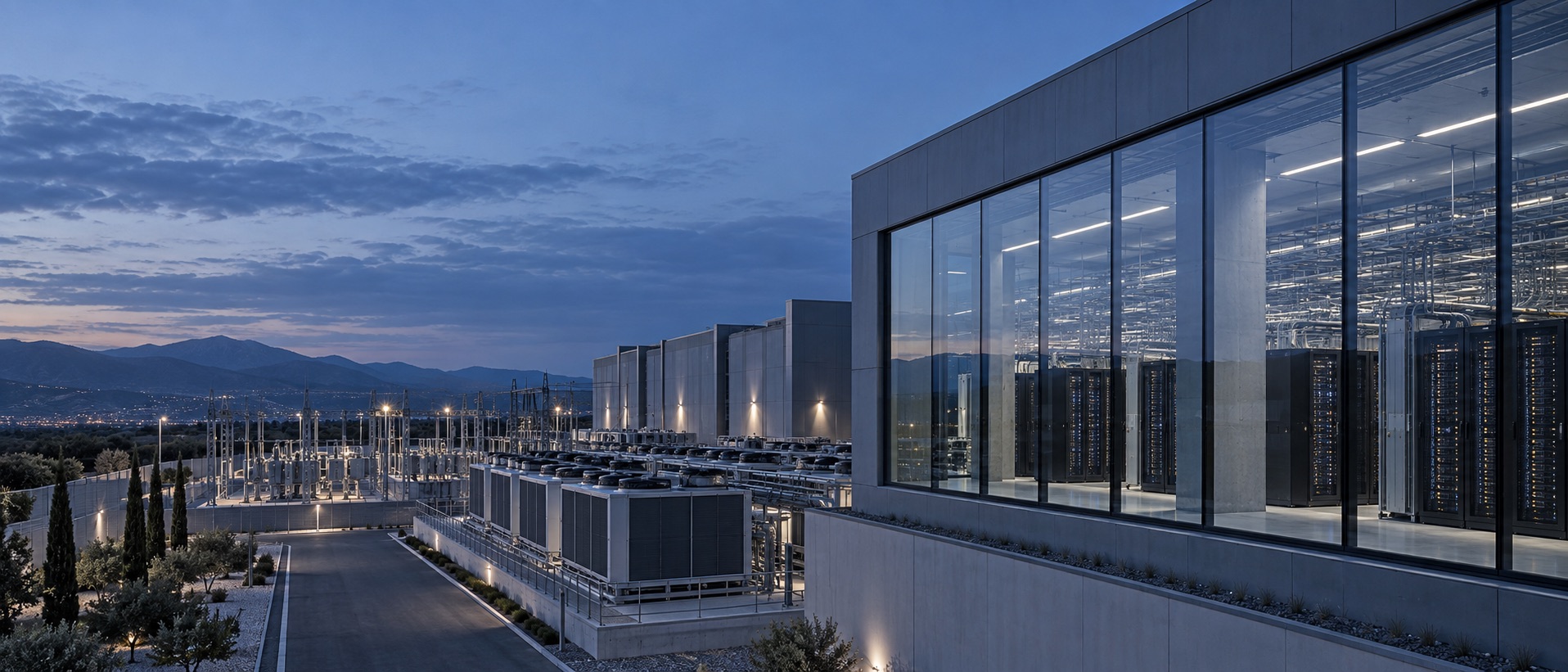 Edificio de un data center al anochecer junto a su subestación eléctrica