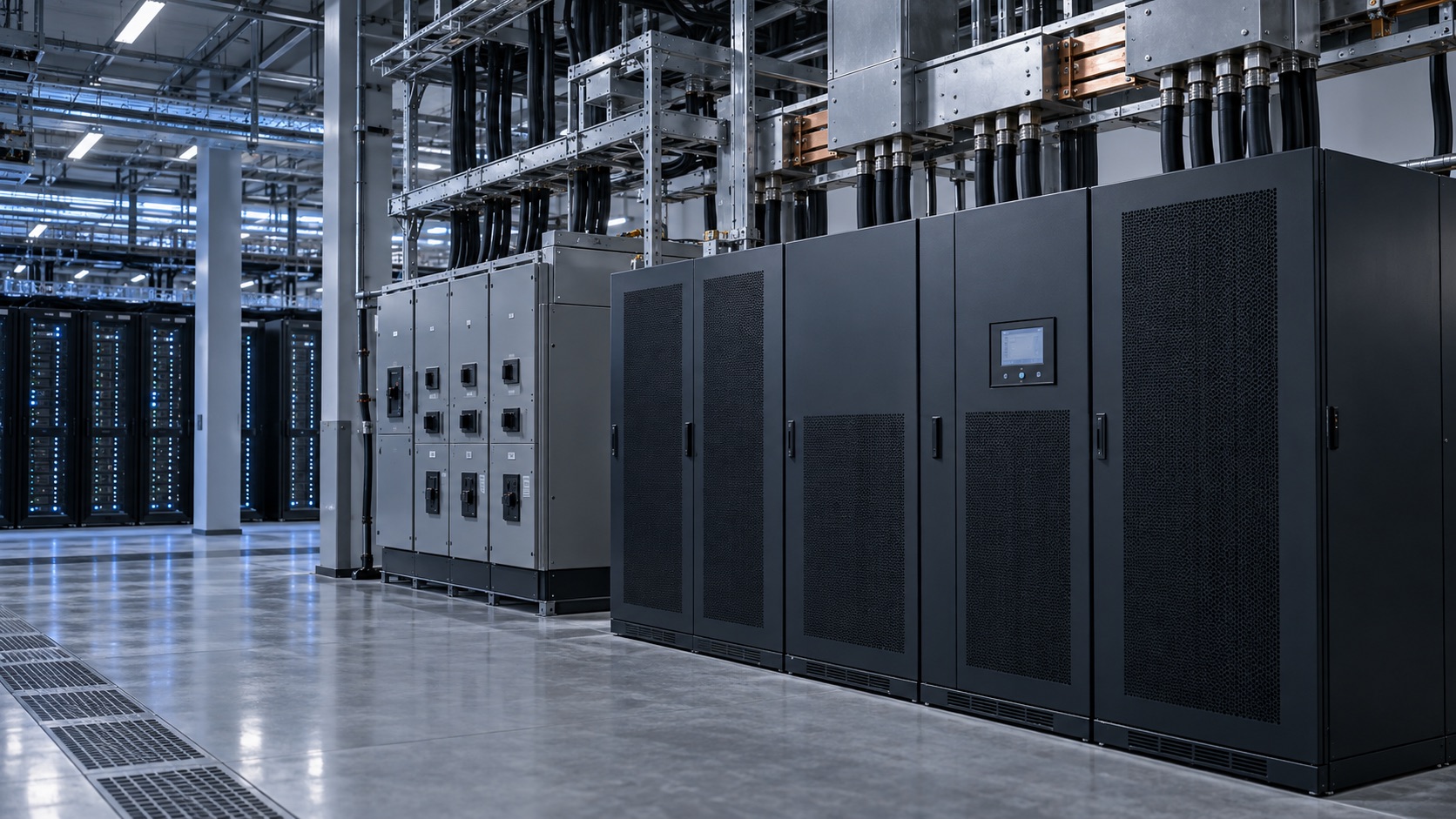 Sala eléctrica de un data center con armarios de baterías y SAI