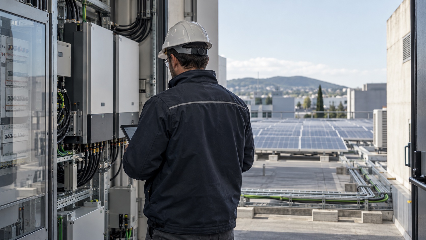 Técnico revisando un cuadro eléctrico junto a una instalación solar en cubierta
