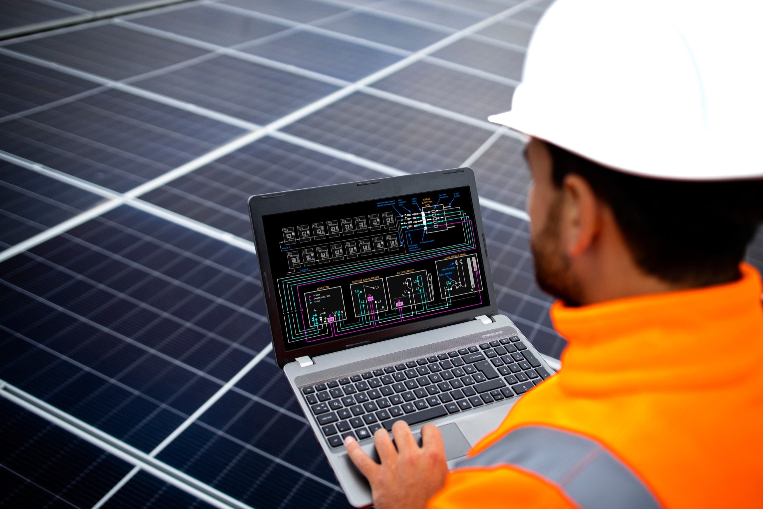 Instalador revisando un esquema eléctrico en el portátil junto a placas solares
