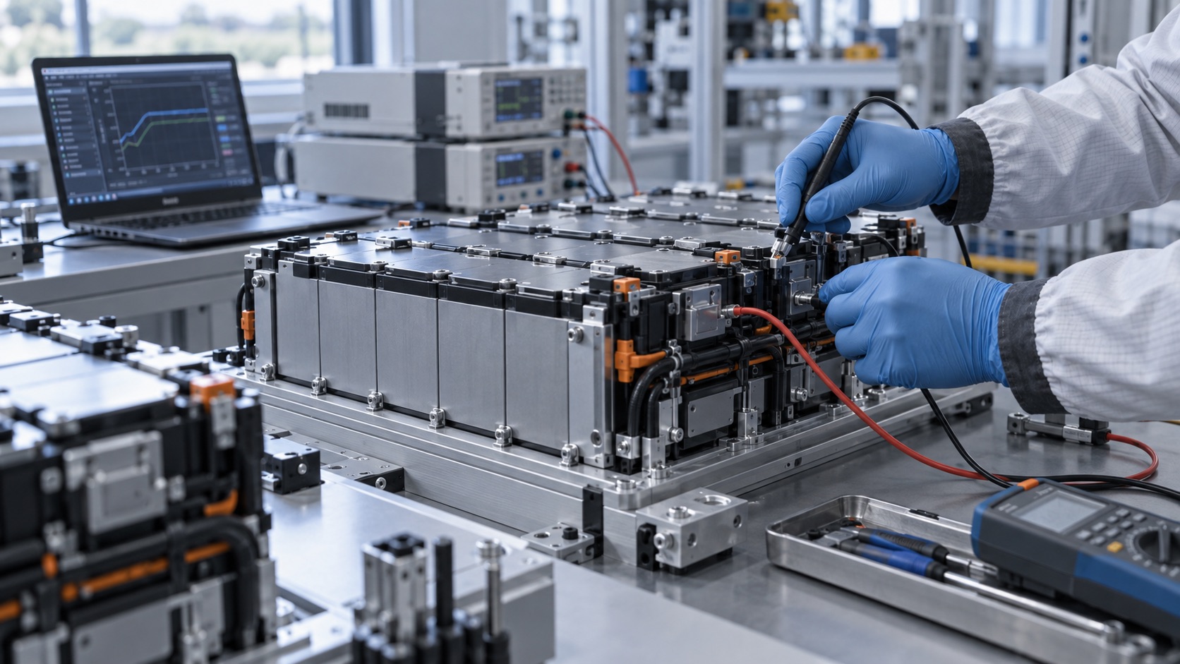 Técnico midiendo un módulo de baterías en un laboratorio